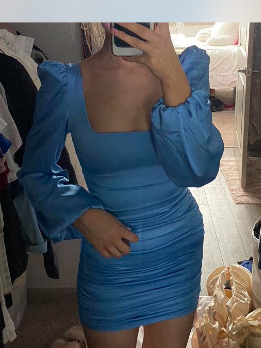 Oh Polly Satin Puff-Sleeve Square-Neck Mini Dress in Blue